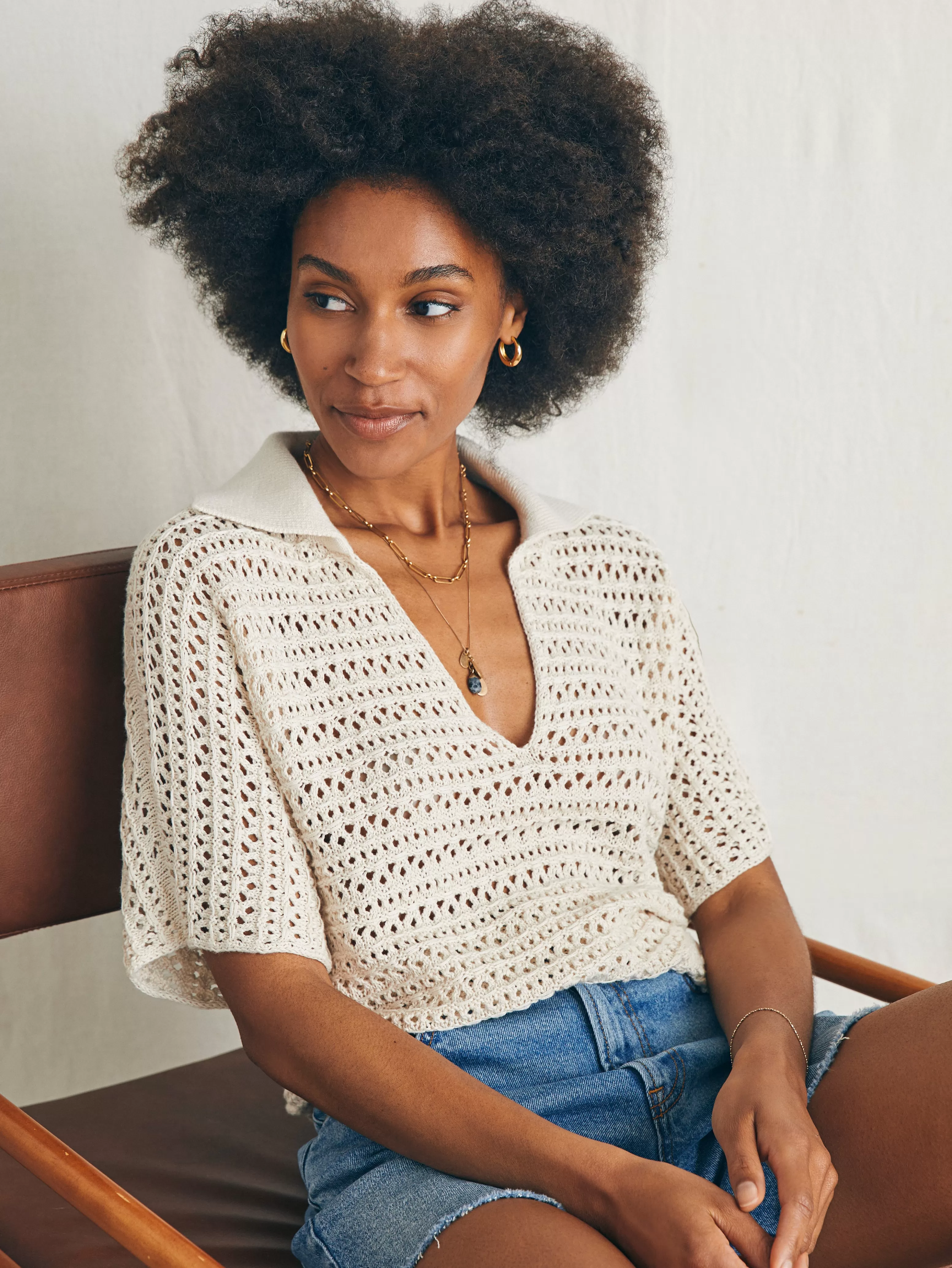 Nusa Crochet Polo Sweater - | Faherty Brand Clearance